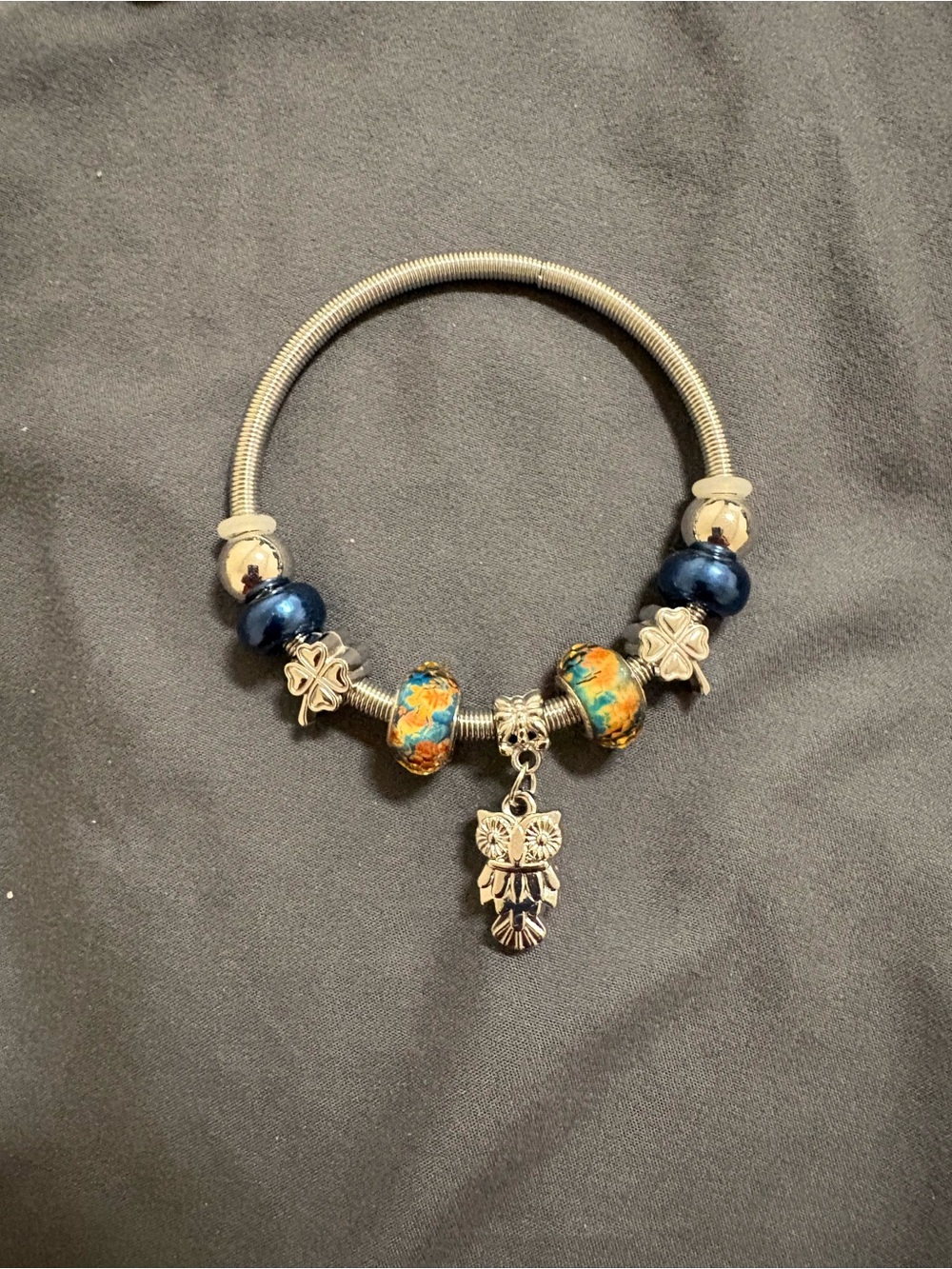 Silver Owl Charm Bracelet with Blue and Turquoise Murano Beads